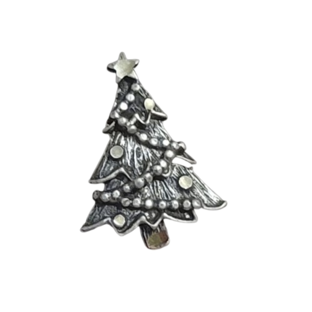 Pewter Christmas tree pin brooch diamond cut